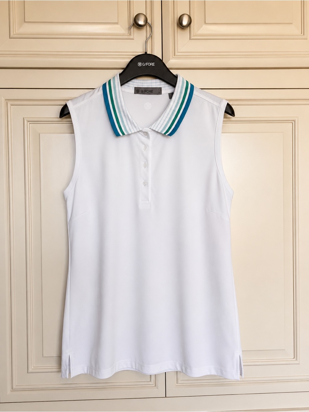 G/FORE White Sleeveless ladies Polo Tank with Teal and Aqua Striped Collar: L - Picture 2 of 4